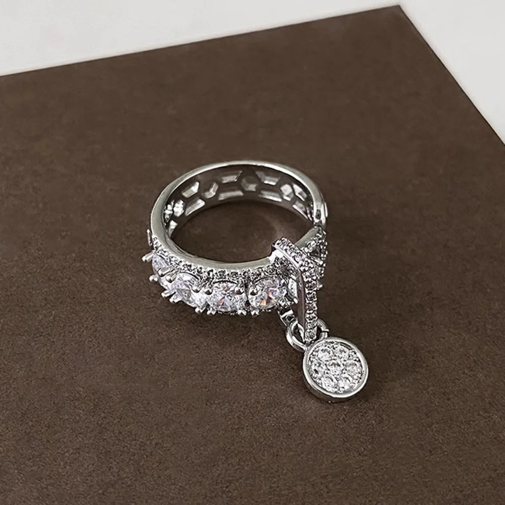 Silver Dangle Charm Size 7 Crystal Rhinestone Ring Finger Jewelry